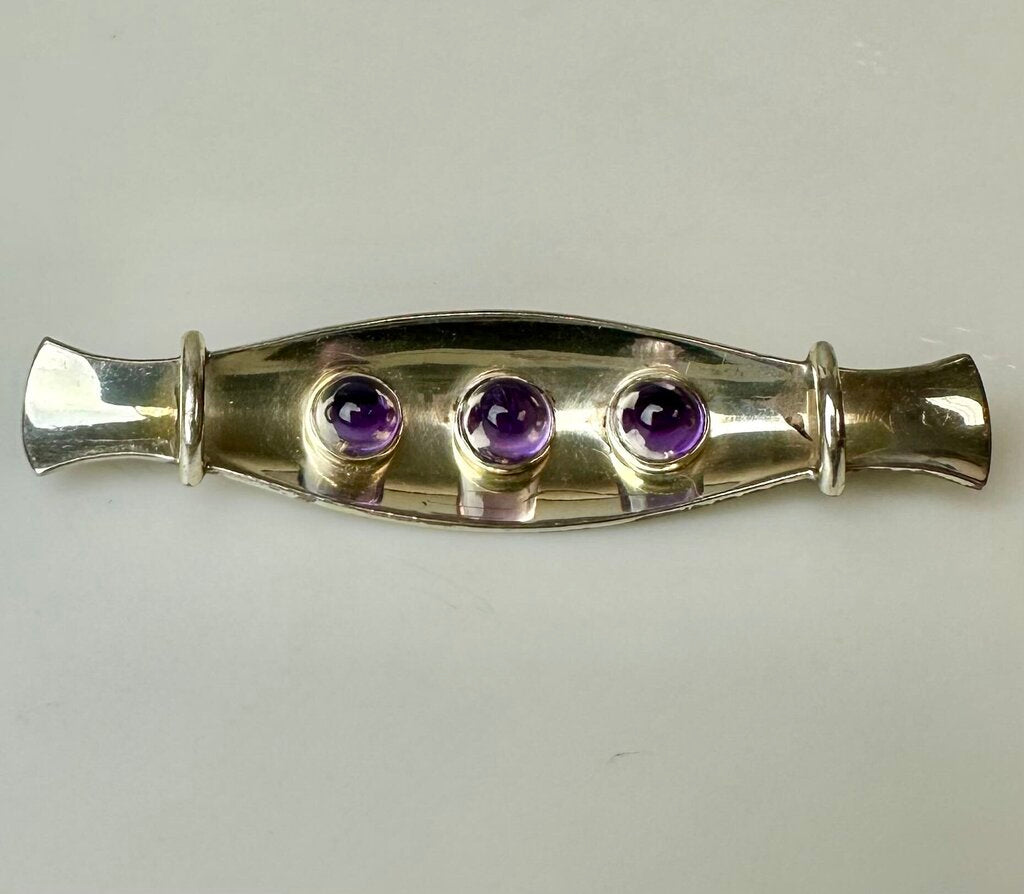 Vintage Kultaseppa Salovaara Finland Modernist Sterling Amethyst Brooch Pin (2.25