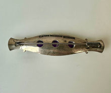Load image into Gallery viewer, Vintage Kultaseppa Salovaara Finland Modernist Sterling Amethyst Brooch Pin (2.25&quot;)
