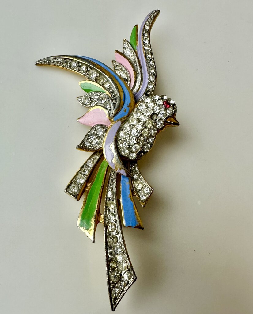 Vintage Silvertone Enamel Rhinestone Bird of Paradise Brooch Pin As-Is (3.5