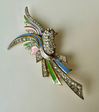 Load image into Gallery viewer, Vintage Silvertone Enamel Rhinestone Bird of Paradise Brooch Pin As-Is (3.5")
