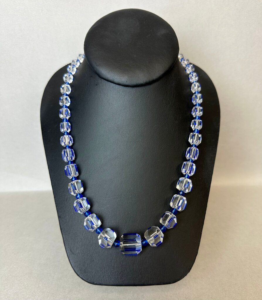 Vintage Czech Glass Clear Cobalt Pentagonal Graduated Bead Necklace (32