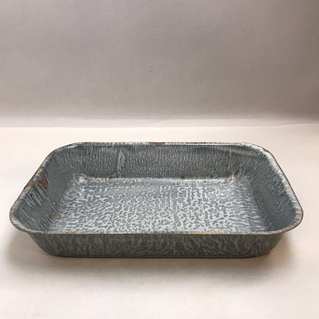 Vintage Graniteware Enamel Gray Pan with Handles (3x14x9)