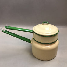 Load image into Gallery viewer, Vintage Green Trim &amp; Pale Yellow Enamelware Saucepan Double Boiler with Lid (7&quot;)
