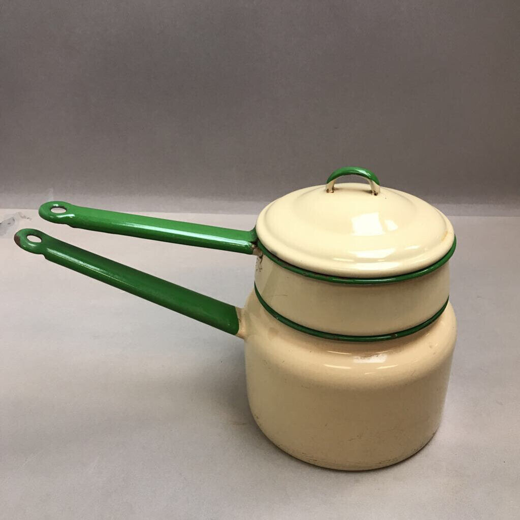 Vintage Green Trim & Pale Yellow Enamelware Saucepan Double Boiler with Lid (7
