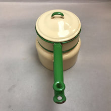 Load image into Gallery viewer, Vintage Green Trim &amp; Pale Yellow Enamelware Saucepan Double Boiler with Lid (7&quot;)
