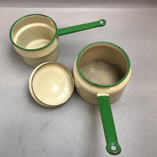 Load image into Gallery viewer, Vintage Green Trim &amp; Pale Yellow Enamelware Saucepan Double Boiler with Lid (7&quot;)
