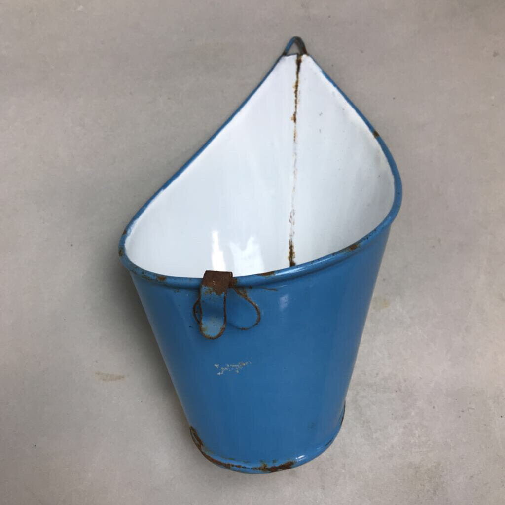 Antique Enamelware Graniteware Strainer, Sieve White & Blue Unusual Shape (4x10)
