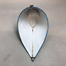 Load image into Gallery viewer, Antique Enamelware Graniteware Strainer, Sieve White &amp; Blue Unusual Shape (4x10)
