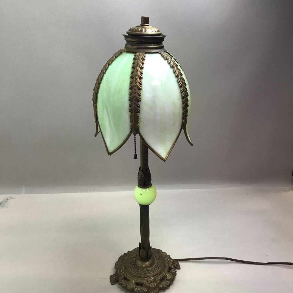 Antique Green Slag Stained Glass Tulip Shade Lamp with Uranium Ball (24
