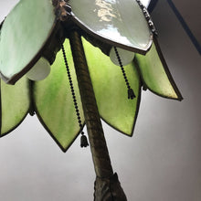 Load image into Gallery viewer, Antique Green Slag Stained Glass Tulip Shade Lamp with Uranium Ball (24&quot;)
