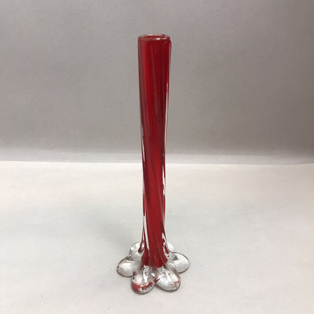 Vintage MCM Petal Base Bud Twist Vase Red Art Glass Retro Style (11