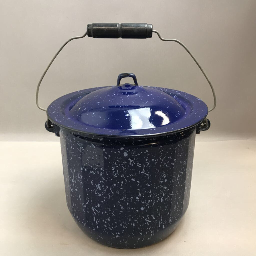 Vintage Dark Blue Speckled Paneled 3 Gallen Granite Ware Pail with Lid (9