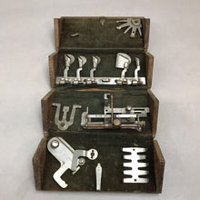 Load image into Gallery viewer, 1889 Singer Sewing Machine Attachments in Folding Wooden Puzzle Box (3x6)
