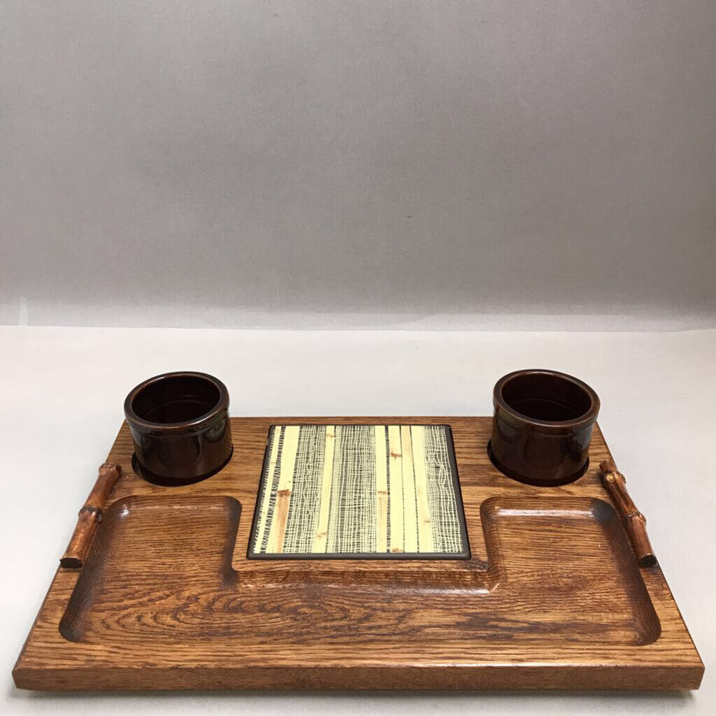 1970's Wood Divided Serving Tray Hot Plate with Crocks (10x16)