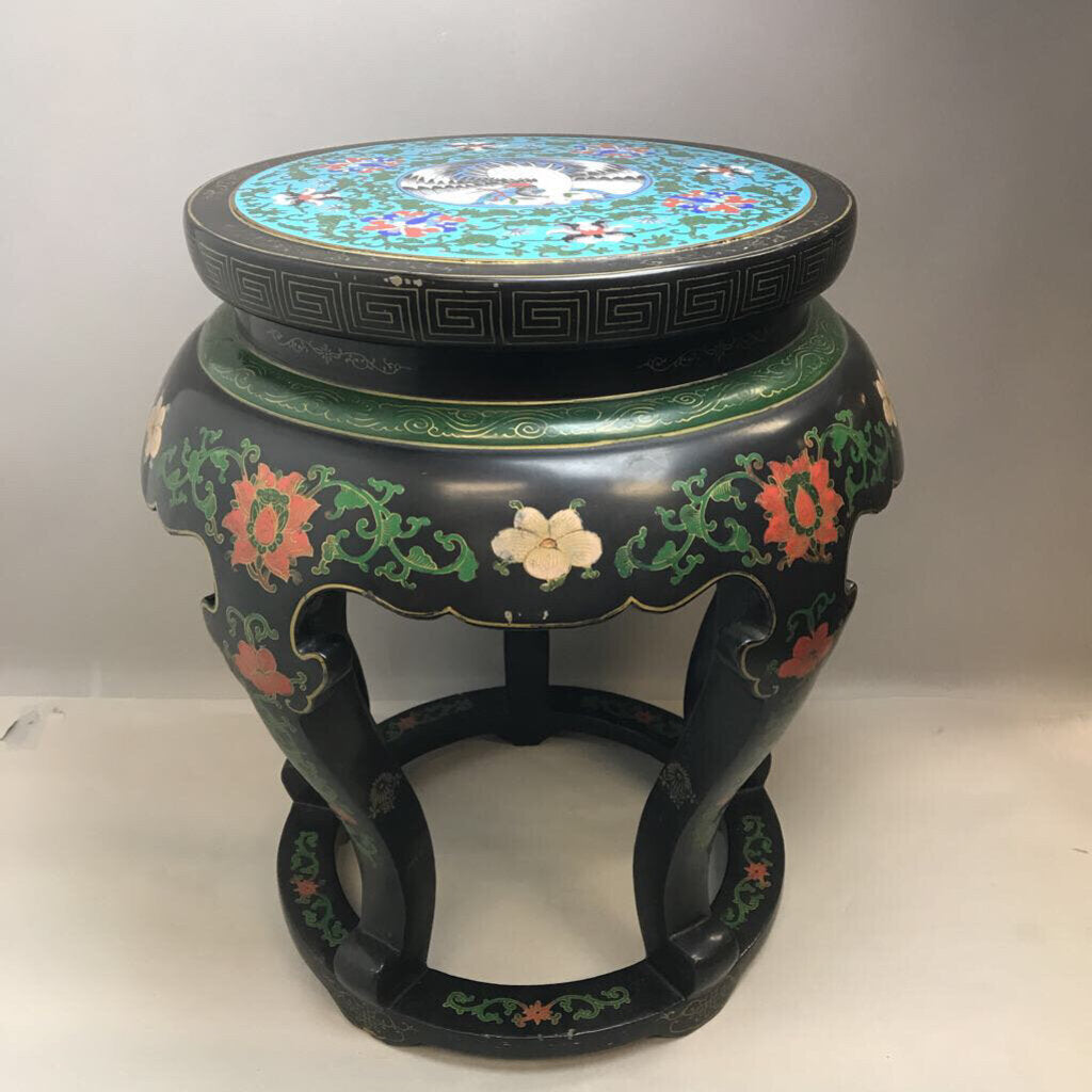 Chinese Cloisonne Stool, Crane & Painted Florals (~21x19x19)