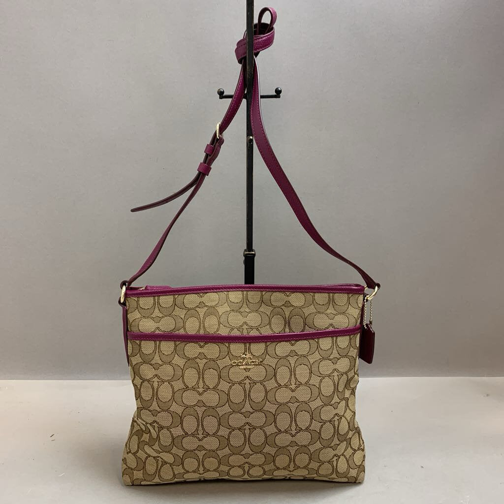 Coach Signature Canvas Purple Leather Trim File Messenger Crossbody Purse (10x13x2