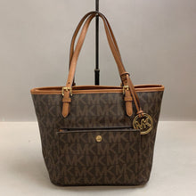 Load image into Gallery viewer, Michael Kors MK Logo Print Coated Canvas Leather Trim Jet Set Tote Purse (9x13x5&quot;)

