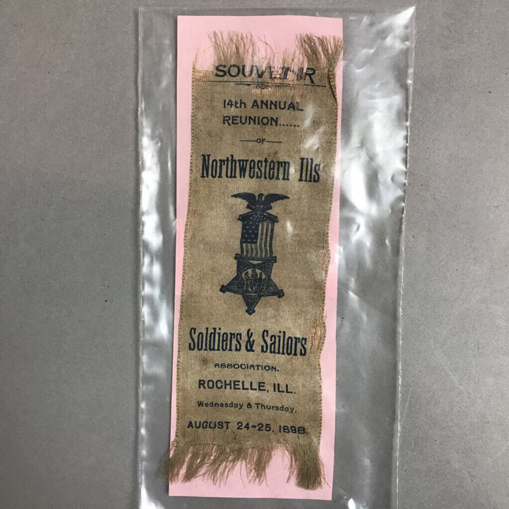 Northwestern Soldiers & Sailors Association 14th Anniversary Reunion Ribbon; Rochelle, IL 1898 (6.5x2.25)