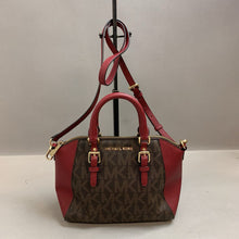 Load image into Gallery viewer, Michael Kors MK Logo Print Coated Canvas Brown w/ Red Trim Handbag w/ Crossbody Strap (9x13x5&quot;)
