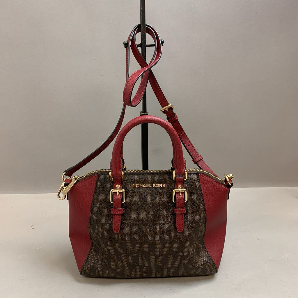Michael Kors MK Logo Print Coated Canvas Brown w/ Red Trim Handbag w/ Crossbody Strap (9x13x5
