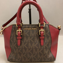 Load image into Gallery viewer, Michael Kors MK Logo Print Coated Canvas Brown w/ Red Trim Handbag w/ Crossbody Strap (9x13x5&quot;)
