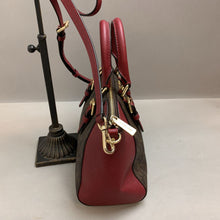 Load image into Gallery viewer, Michael Kors MK Logo Print Coated Canvas Brown w/ Red Trim Handbag w/ Crossbody Strap (9x13x5&quot;)

