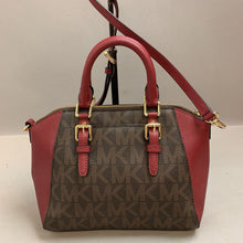 Load image into Gallery viewer, Michael Kors MK Logo Print Coated Canvas Brown w/ Red Trim Handbag w/ Crossbody Strap (9x13x5&quot;)
