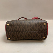 Load image into Gallery viewer, Michael Kors MK Logo Print Coated Canvas Brown w/ Red Trim Handbag w/ Crossbody Strap (9x13x5&quot;)
