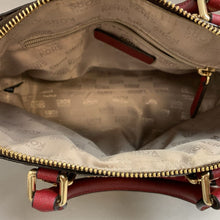 Load image into Gallery viewer, Michael Kors MK Logo Print Coated Canvas Brown w/ Red Trim Handbag w/ Crossbody Strap (9x13x5&quot;)
