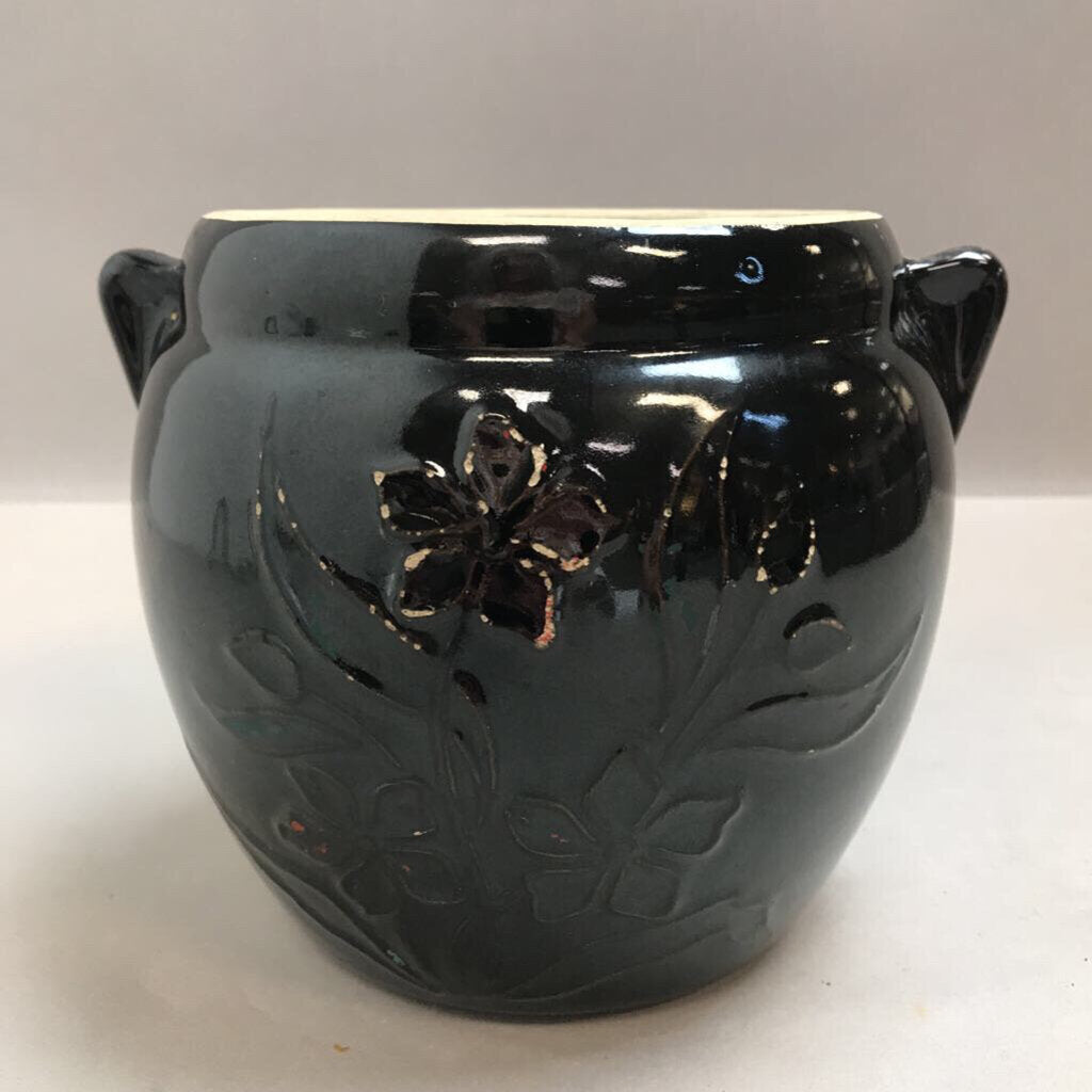 Vintage Black Pottery Planter with Flowers (7