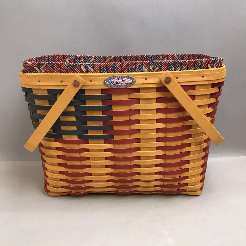 Longaberger 25th Anniversary Flag Basket w/ Liner, Protector (1998) (~11x16x8.5)