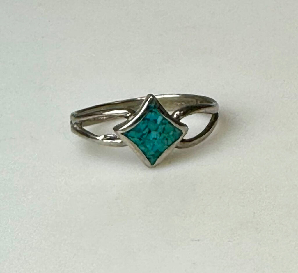 Vintage Sterling Turquoise Chip Inlay Ring sz 4