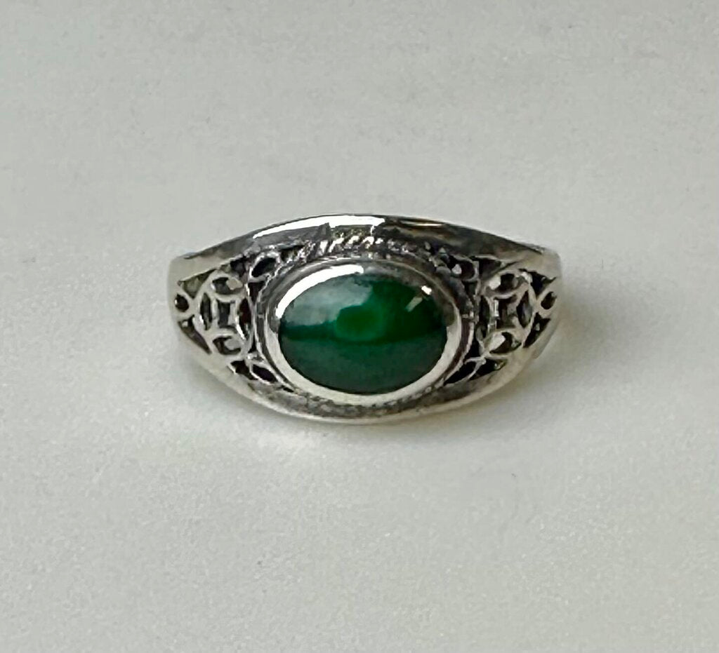 Vintage Sterling Filigree Malachite Ring sz 5.5