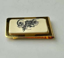 Load image into Gallery viewer, Vintage Barlow Goldtone Etched Bone Motorcycle Money Clip
