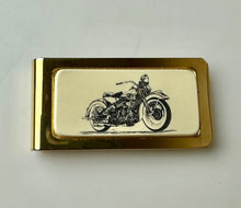 Load image into Gallery viewer, Vintage Barlow Goldtone Etched Bone Motorcycle Money Clip

