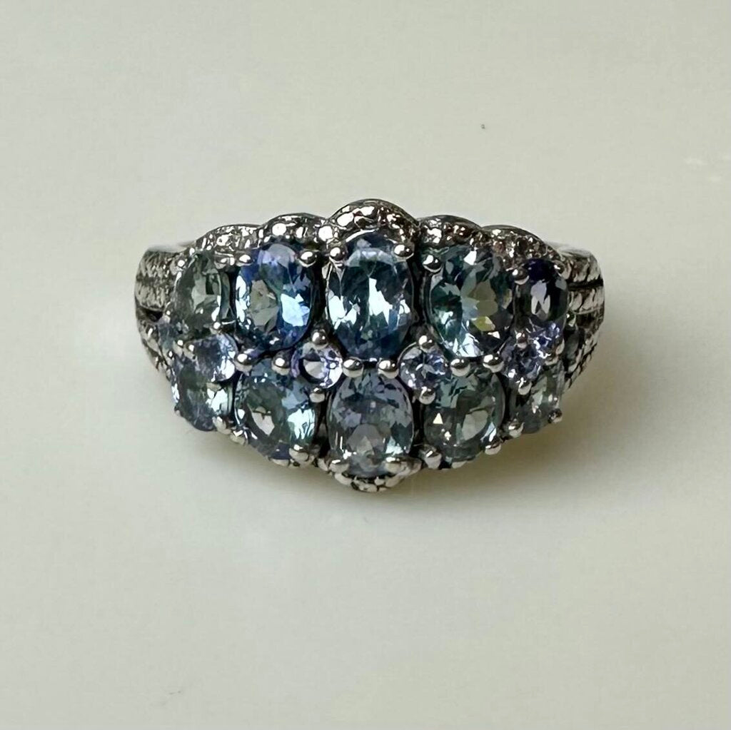 Sterling Periwinkle Tanzanite Cluster Ring sz 10