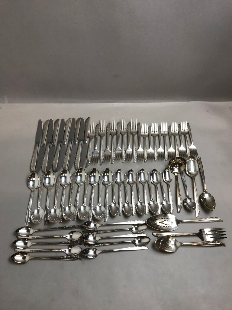 74 pc Oneida Wm Rogers Brittany Rose Silverplate Flatware Plus Extra