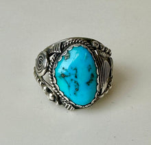 Load image into Gallery viewer, Vintage Navajo Sterling Kingman Turquoise Ring Signed sz 12.5
