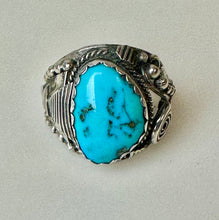 Load image into Gallery viewer, Vintage Navajo Sterling Kingman Turquoise Ring Signed sz 12.5

