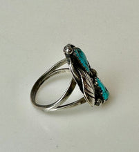 Load image into Gallery viewer, Vintage Sterling Turquoise Two-Stone Feather Flourish Ring As-Is sz 8
