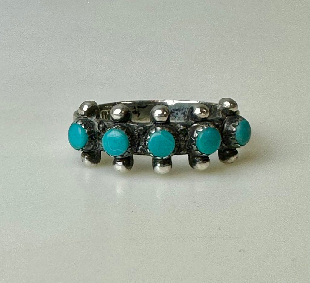 Vintage Sterling Turquoise 5-Stone Petit Point Ring Signed sz 6