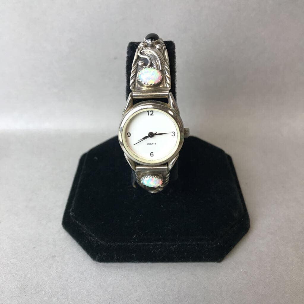 Vintage Watch w/ Native American Sterling Onyx Opal Watch Tips Signed RB (Running, New Battery)