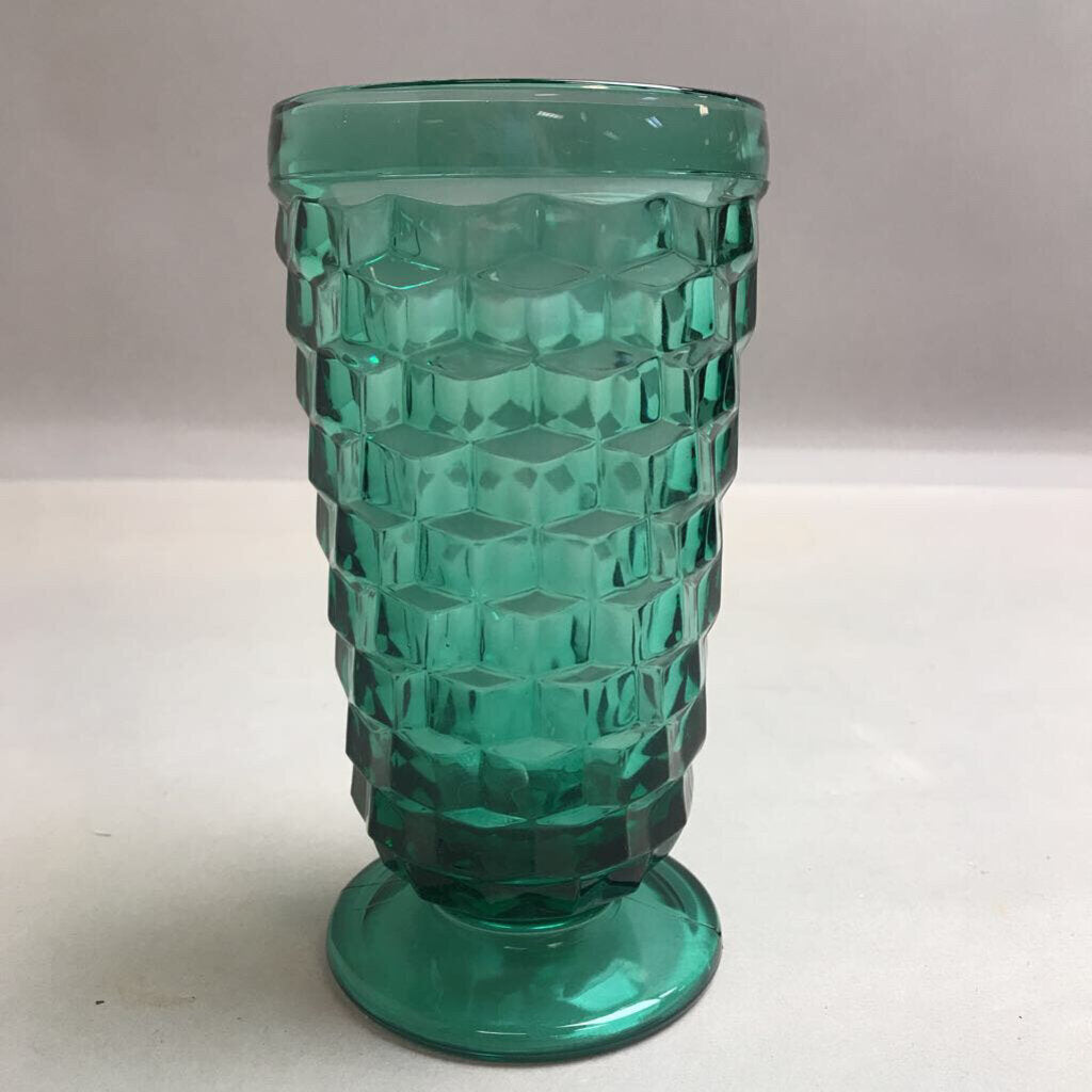 Vintage Teal Indiana Whitehall Colony Cubist Footed Iced Tea Blue Green Glass (6