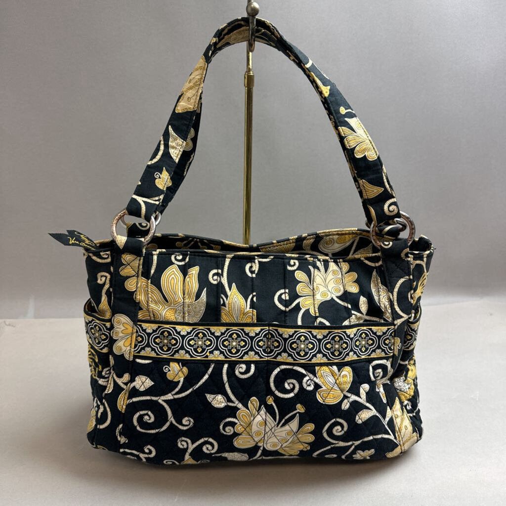 Vera Bradley Black Yellow Bird Floral Print Quilted Shoulder Tote Purse (9x16x5
