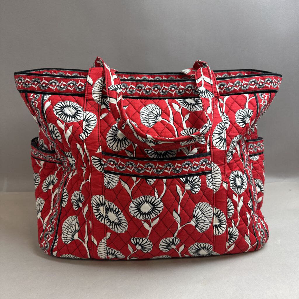 Vera Bradley Red Deco Daisy Print Quilted Oversized Tote Bag Purse (15x24x8