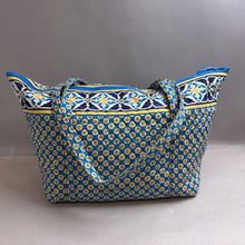 Load image into Gallery viewer, Vera Bradley Blue Yellow Riviera Print Quilted Large Zip Tote Bag Purse (14x22x8&quot;)

