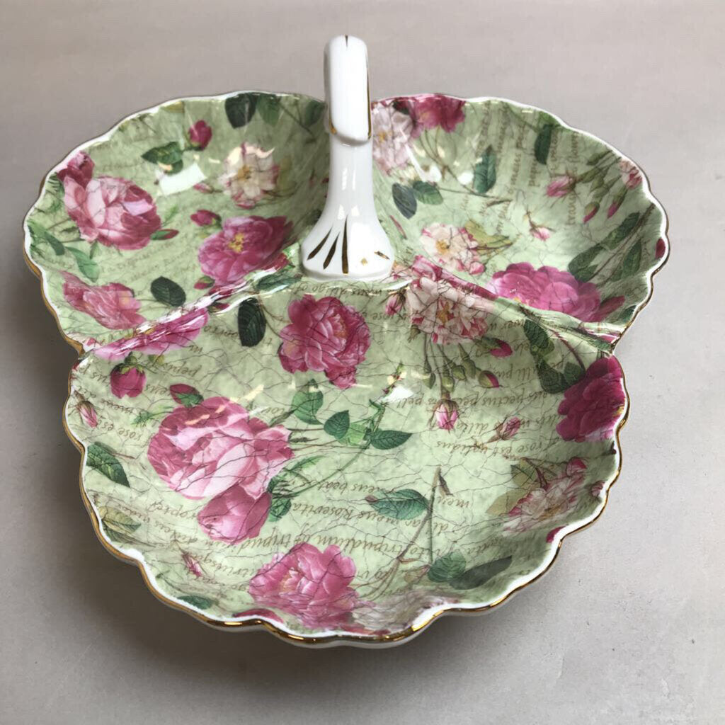 Royal Danube 3 Compartment Pink Rose Chinz Serving Dish Handle Gold Trim (2x9x10)