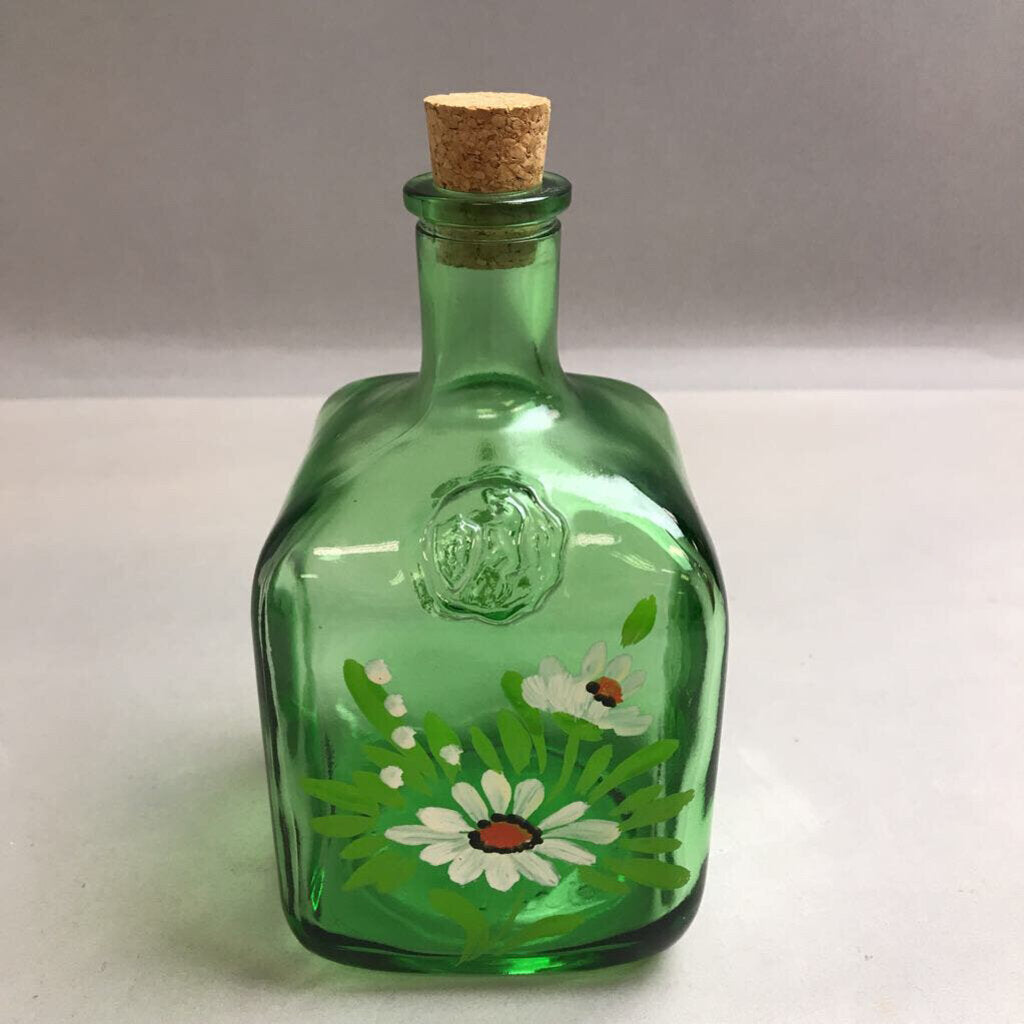Vintage Green Glass Hand Painted Bottle Italy (7