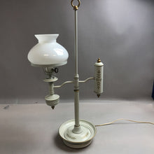 Load image into Gallery viewer, MCM Toleware Student Desk Lamp~White and Gold with Milk Glass Shade (25&quot;)
