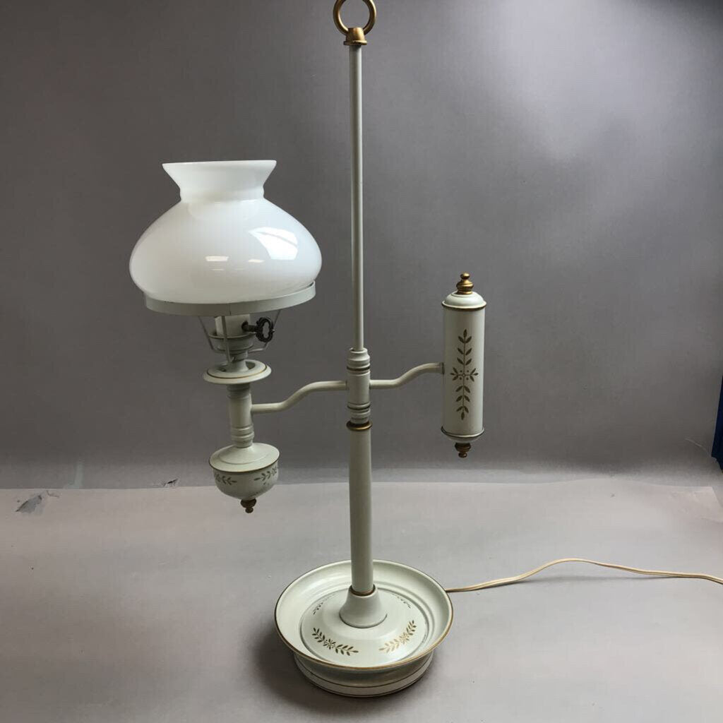 MCM Toleware Student Desk Lamp~White and Gold with Milk Glass Shade (25